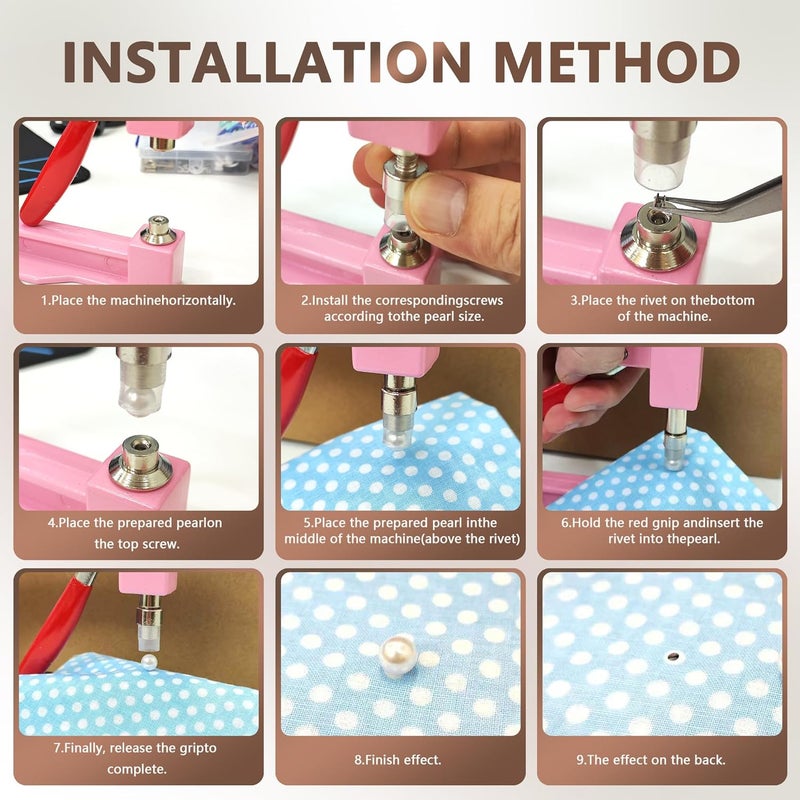 AILUHONG Pearl Setting Machine Hand Press Tools 2 Boxes White No Holes Pearl Beads with Rivet Studs Screw Heads L Hexagon Wrench for Decorating Clothes Hat Trousers Dresses Bag Hair Band DIY Crafts (Pink) - Image 5